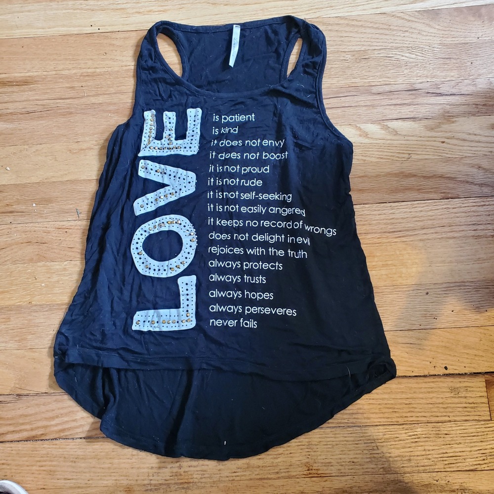 Love Nation Black Love is Patient Scripture Studded Tank Top Sz M Bridal Shower